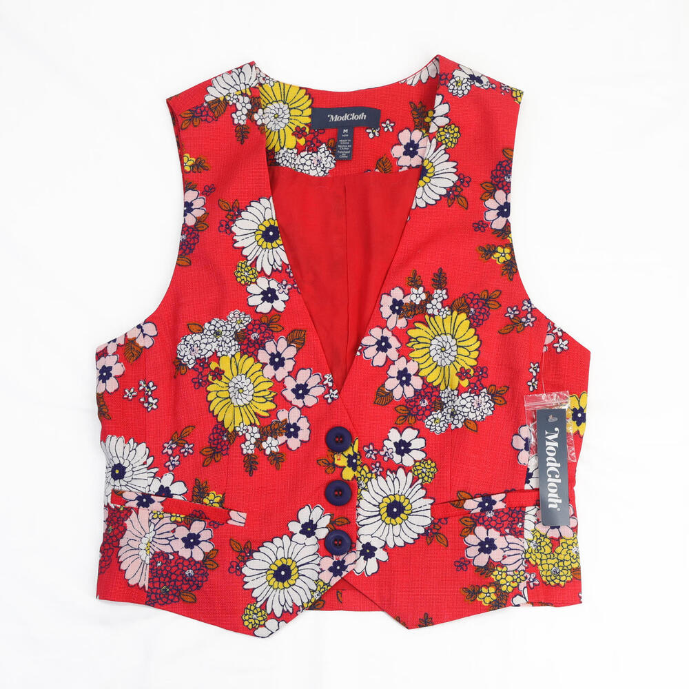 NWT Modcloth Red Floral Vest 3 Button Women's Size M